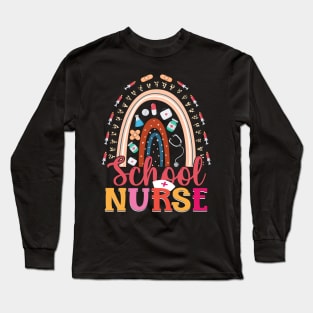 Cute Rainbow Leopard Print School Nurse 100th day of school Long Sleeve T-Shirt